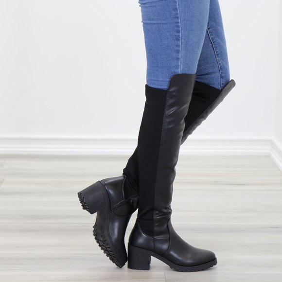 Black Over The Knee Boot Chunky Lug Heel Faux Dual Leather And Stretchy Material - Picture 11 of 15
